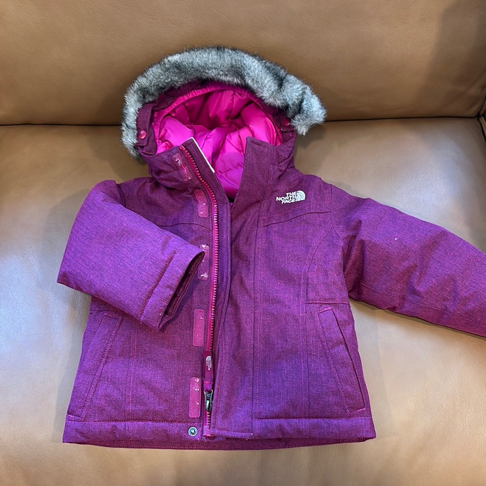 NorthFace Purple Hooded Down Jacket with Faux Fur Trim Htvent 550